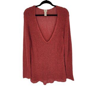 J Jill womens XL silk linen blend open knit orange long sleeve v neck sweater